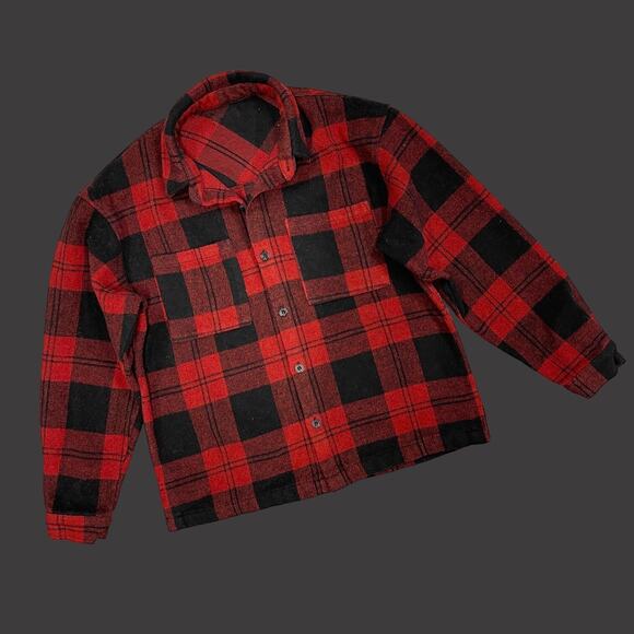 Thick Plaid Shirt jacket Red Black Buffalo Plaid Small Oversized Boxy - Picture 1 of 7